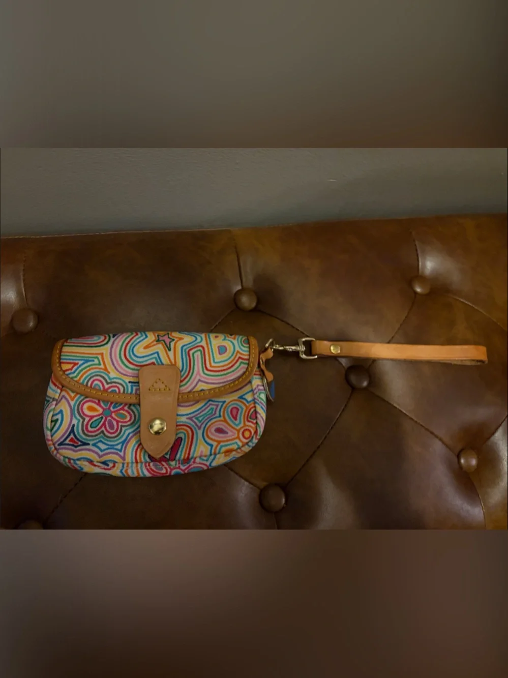 Dooney & Bourke Multicolor Floral Canvas Wristlet with Tan Leather Strap